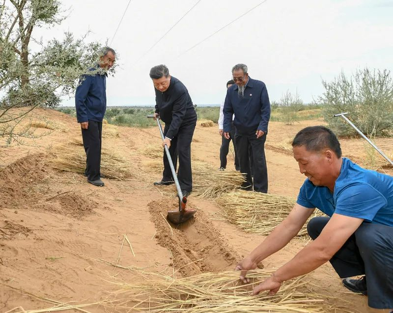 2019年8月21日，习近平来到甘肃省武威市古浪县八步沙林场，实地察看当地治沙造林、生态保护等情况。新华社记者 谢环驰 摄